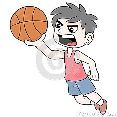 Basketball player boy doing a slam dunk move, doodle icon image kawaii Vector Illustration