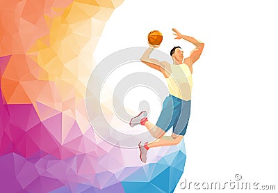 Basketball player on colorful low poly back with empty space Vector Illustration