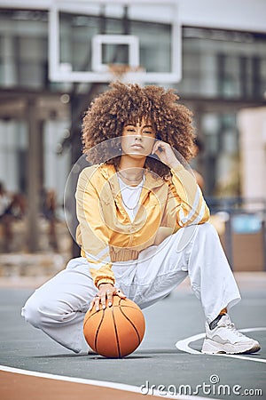 Basketball player on court, getting ready for game and looking serious before fitness exercise outside. Portrait of a Stock Photo
