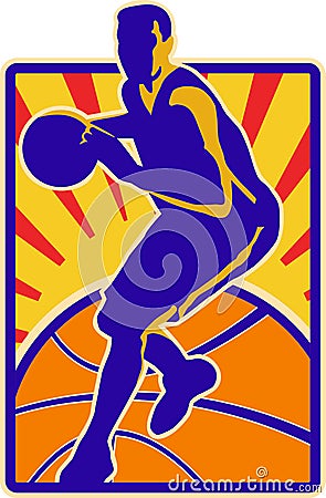 Basketball Player Dribbling Ball Retro Stock Photo