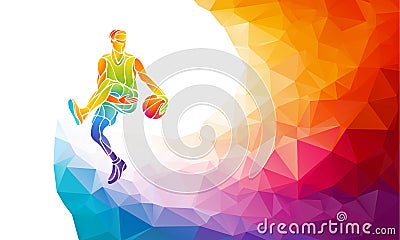 Basketball player jump shot polygonal silhouette on colorful low poly background. Vector Illustration