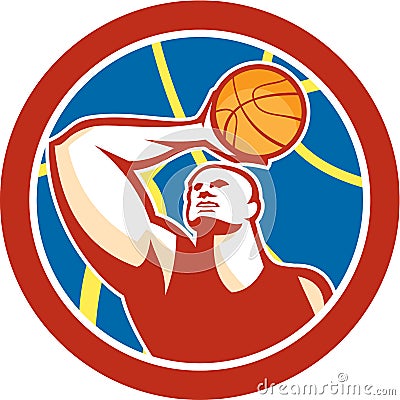 Basketball Player Shooting Ball Circle Retro Vector Illustration