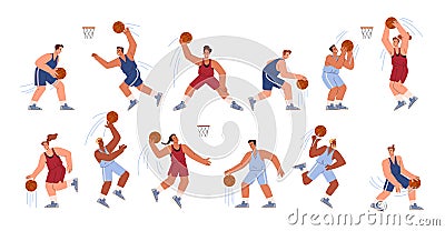 Basketball players, athletes with ball in different poses, handling, jumping, defense and offense, vector set sport game Vector Illustration