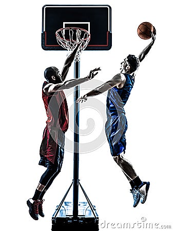 Basketball players man jumping dunking silhouette Stock Photo