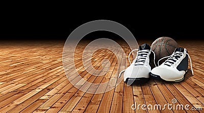 Basketball shoes and ball on the court Stock Photo