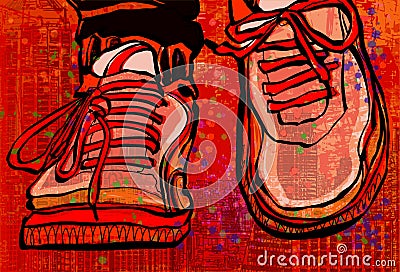 Basketball shoes over a grunge city background Vector Illustration