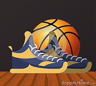 Basketball sport poster with balloon and tennis shoes Vector Illustration
