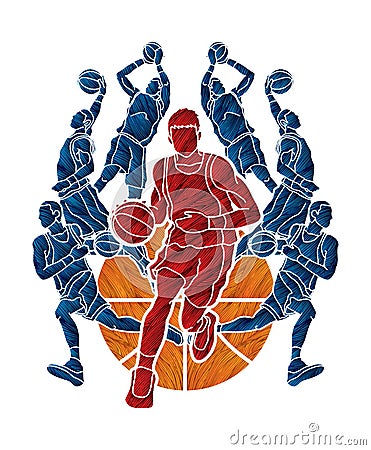 Basketball Team player dunking dripping ball action Vector Illustration