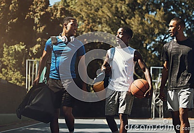 Basketball, team and sports friends walking relax after game, competition or training practice for athlete health Stock Photo
