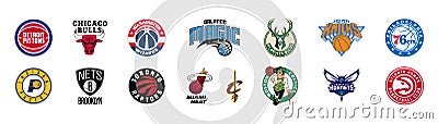 Basketball teams. Logo 2021-2022. Detroit Pistons, NY Knicks, Chicago Bulls, Charlotte Hornets, Washington Wizards, Miami Heat, Vector Illustration