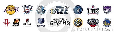 Basketball teams. Utah Jazz, GS Warriors, Mavericks, Timberwolves, Memphis Grizzlies, Sacramento Kings, Denver Nuggets, LA Lakers Vector Illustration