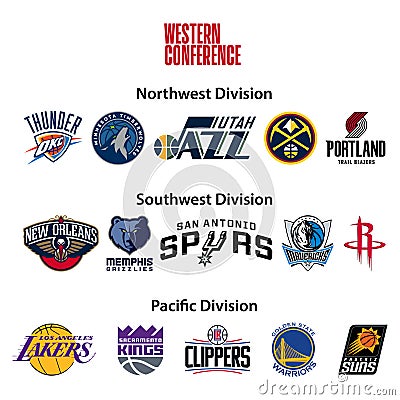 Basketball teams. Western Conference. Northwest, Pacific, Southwest Division. Nba. Utah Jazz, Minnesota Timberwolves, Portland Vector Illustration