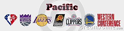 Basketball teams. Western Conference. Pacific Division. Nba logo. Golden State Warriors, Sacramento Kings, Los Angeles Lakers, Vector Illustration
