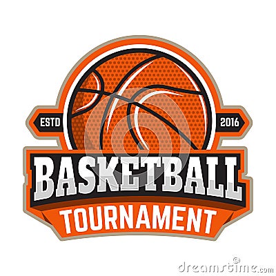 Basketball tournament. Emblem template with basketball ball. Design element for logo, label, sign. Vector Illustration