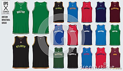 Basketball uniform template design. Tank top t-shirt mockup for basketball club in USA Eastern basketball division. Vector Illustration