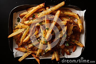 basketful of golden-brown fries with savory sprinkle of salt and pepper Stock Photo