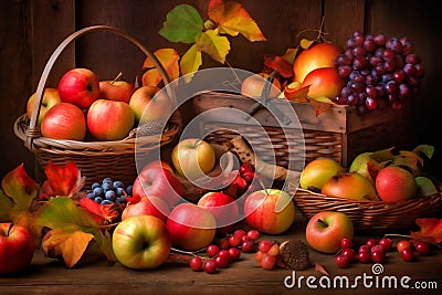 Baskets of autumn apples and grapes from the fall harvest Stock Photo