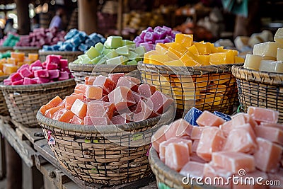 Baskets of colorful soaps sold at market Stock Photo