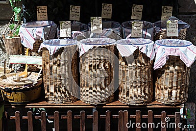Baskets of Dried Beans in Market Stock Photo