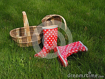 Baskets and gumboots Stock Photo