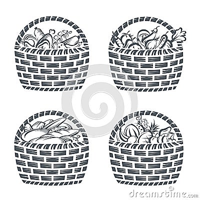 Baskets with sausages, fruit, vegetables and bakery Vector Illustration