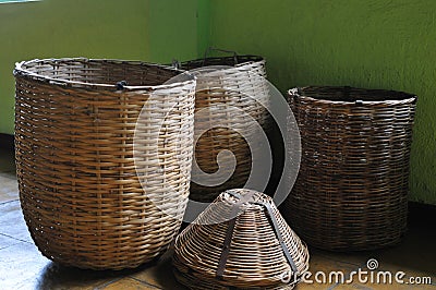 Baskets in tea farm Stock Photo