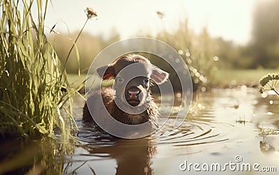 Basking Bovine: Cow Relishes Refreshing Dip in a Puddle Stock Photo