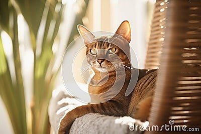Beautiful Abyssinian cat resting in wicker chair on sunny day. Stock Photo
