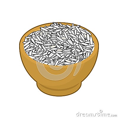 Basmati rice in wooden bowl isolated. Groats in wood dish. Grain Vector Illustration