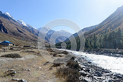 Baspa river is a tributary to the Sutlej river flowing in high altitude areas of Himalayan foothill mountain Baspa river valley Stock Photo