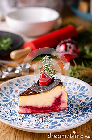 Basque burnt cheesecake homemade style, Stuffed with raspberry sauce Stock Photo