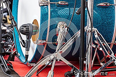 Bass drum of drum set with on the open air concert closeup Stock Photo