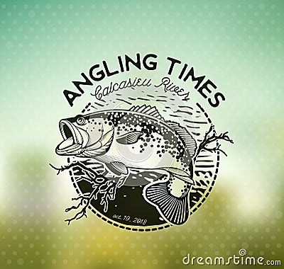 Bass Fishing emblem on blur background. Vector illustration. Vector Illustration