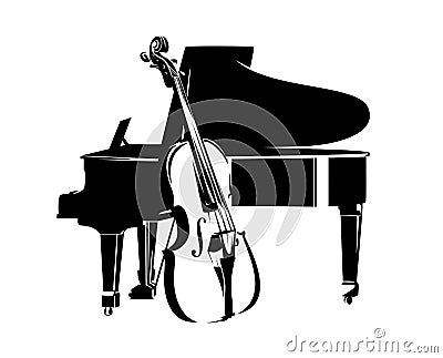 Bass viol and grand piano musical instruments black and white vector outline Vector Illustration