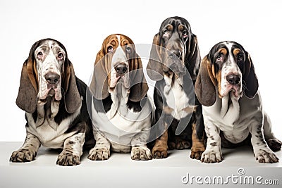 Basset Hound Family Foursome Dogs Sitting On A White Background Stock Photo