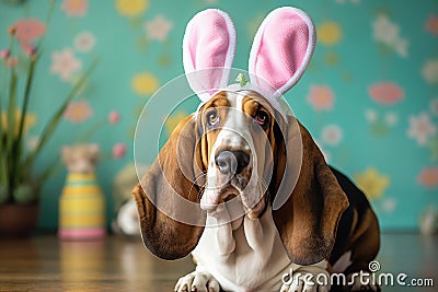 Basset Hound Image Easter Bunny Ears. Generative AI Stock Photo