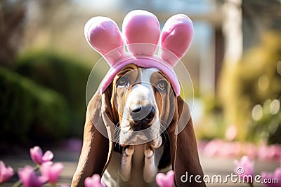 Basset Hound Image Easter Bunny Ears. Generative AI Stock Photo