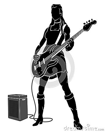 Base Guitar Player, Female Musician Silhouette Vector Illustration