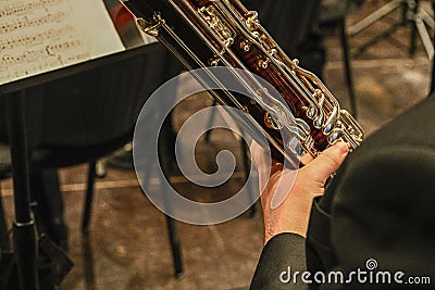 The bassoon is a woodwind instrument with a double reed. Stock Photo