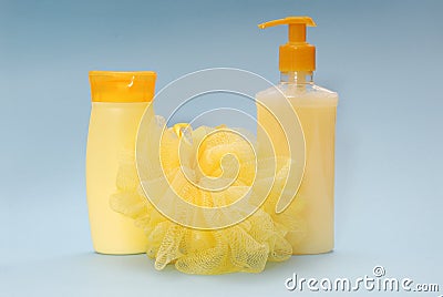 Bast whisp, shampoo and shower gel Stock Photo