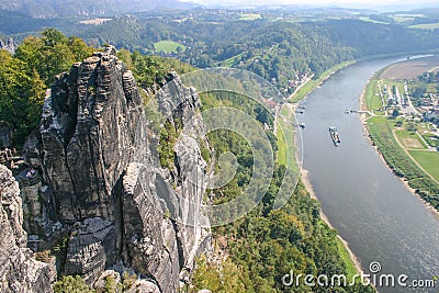 Bastei with Elbe river in Saxony Stock Photo