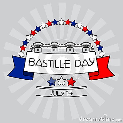 Bastille Day card. Stars, Bastille fortress, Vector Illustration