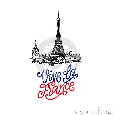 Bastille Day design.Drawn illustration of Eiffel Tower.French National Day background.14th July concept for card,poster. Vector Illustration