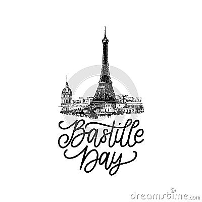 Bastille Day design.Drawn illustration of Eiffel Tower.French National Day background.14th July concept for card,poster. Vector Illustration