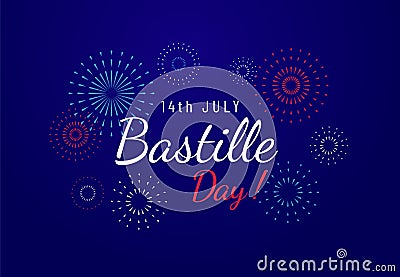 Bastille day greeting banner design with text and fireworks illustration on blue dark background. 14th of July Vector Illustration