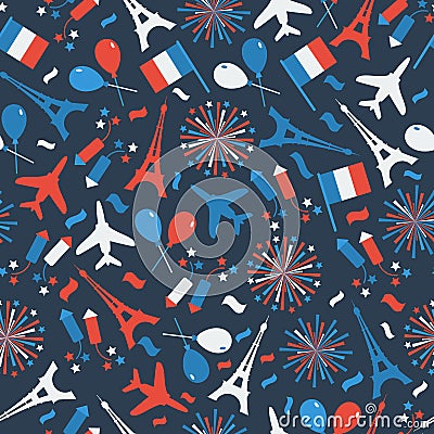 Bastille Day, Independence Day of France, symbols. Seamless pattern with symbol of celebration. Vector Illustration