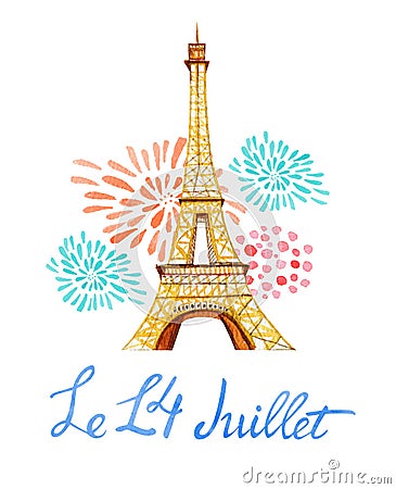 Bastille day. Le 14 Juillet. Text `14th of July`. French National day greeting card and poster design Cartoon Illustration