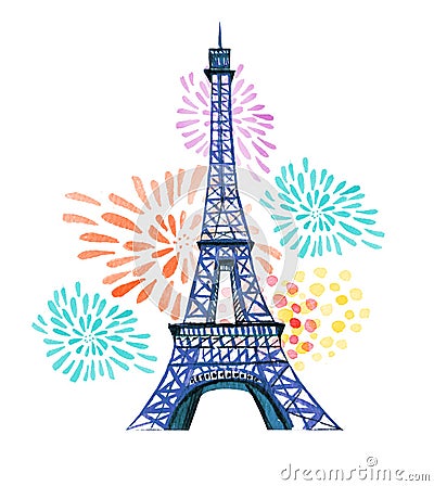 Bastille day. 14th of July. La Fete Nationale. French National day. Hand drawn watercolor illustration with Eiffel tower Cartoon Illustration
