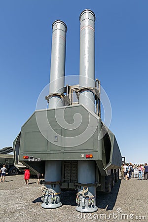 Bastion coastal missile launcher with Yakhont and P-800 Oniks anti-ship missiles. Back view Editorial Stock Photo