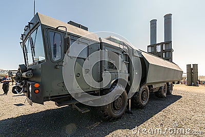 Bastion coastal missile launcher with Yakhont and P-800 Oniks anti-ship missiles. Back view Editorial Stock Photo